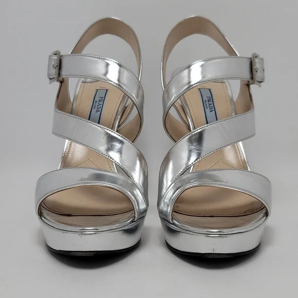 Prada Metallic Silver Platform Slingeback Strappy Straps Heel Sandals Size 39.5 - Picture 16 of 16